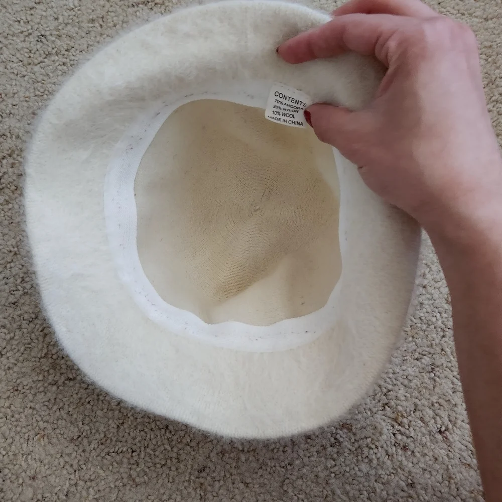 Womens Vintage Fluffy Cream Bucket‎ Hat Zebra Band Angora Wool Blend y2k - Picture 3 of 8